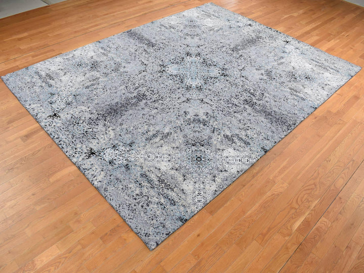 9'1" x 12'2" New Hand Knotted Grey Wool & Silk Rectangle Oriental Rug - MOA10287115