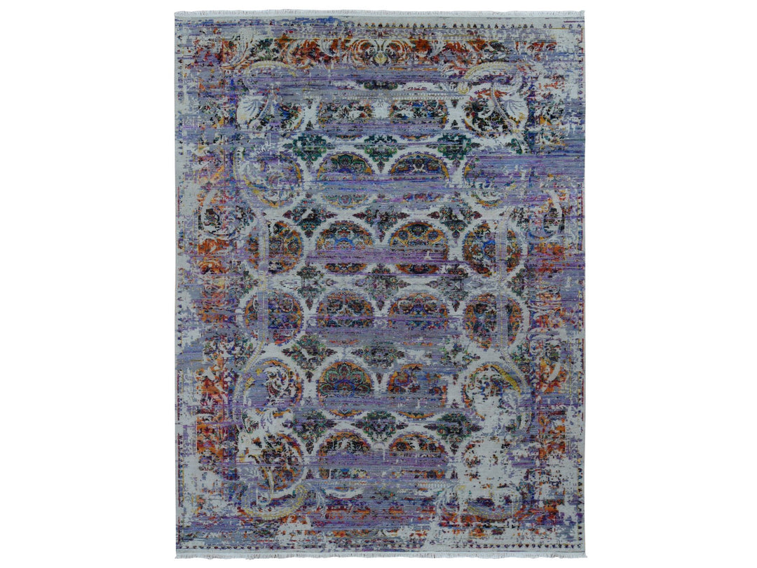 9'0" x 12'0" New Hand Knotted Purple Wool & Sari Silk Rectangle Oriental Rug - MOA10287116