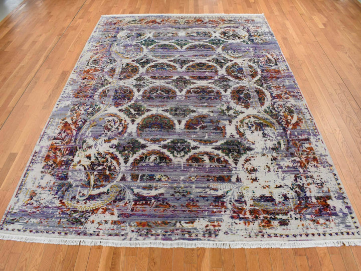 9'0" x 12'0" New Hand Knotted Purple Wool & Sari Silk Rectangle Oriental Rug - MOA10287116