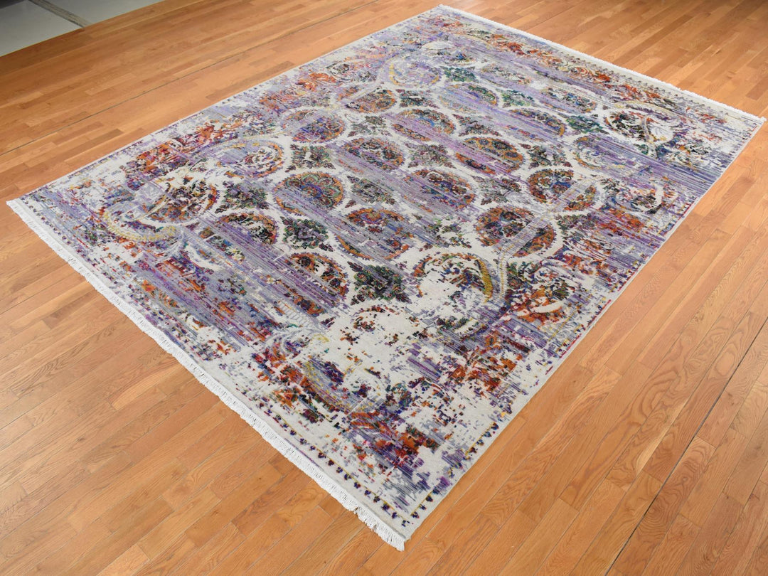 9'0" x 12'0" New Hand Knotted Purple Wool & Sari Silk Rectangle Oriental Rug - MOA10287116
