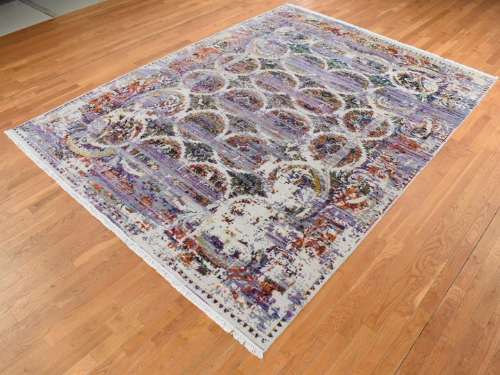 9'0" x 12'0" New Hand Knotted Purple Wool & Sari Silk Rectangle Oriental Rug - MOA10287116