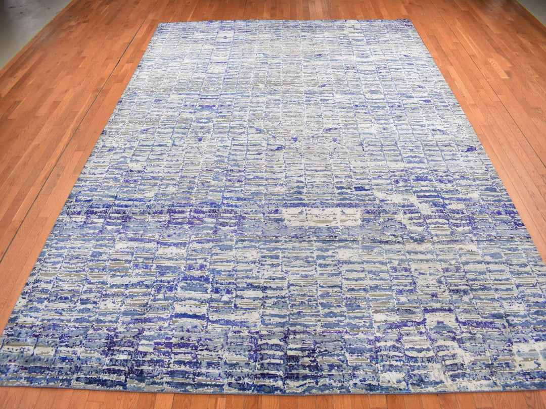 9'0" x 12'2" New Hand Knotted Blue Sari Silk Rectangle Oriental Rug - MOA10287118