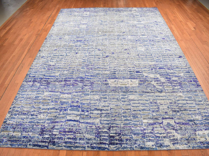 9'0" x 12'2" New Hand Knotted Blue Sari Silk Rectangle Oriental Rug - MOA10287118