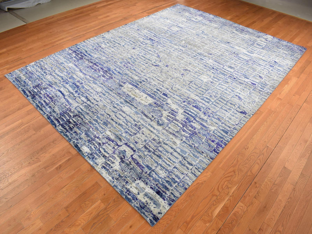 9'0" x 12'2" New Hand Knotted Blue Sari Silk Rectangle Oriental Rug - MOA10287118