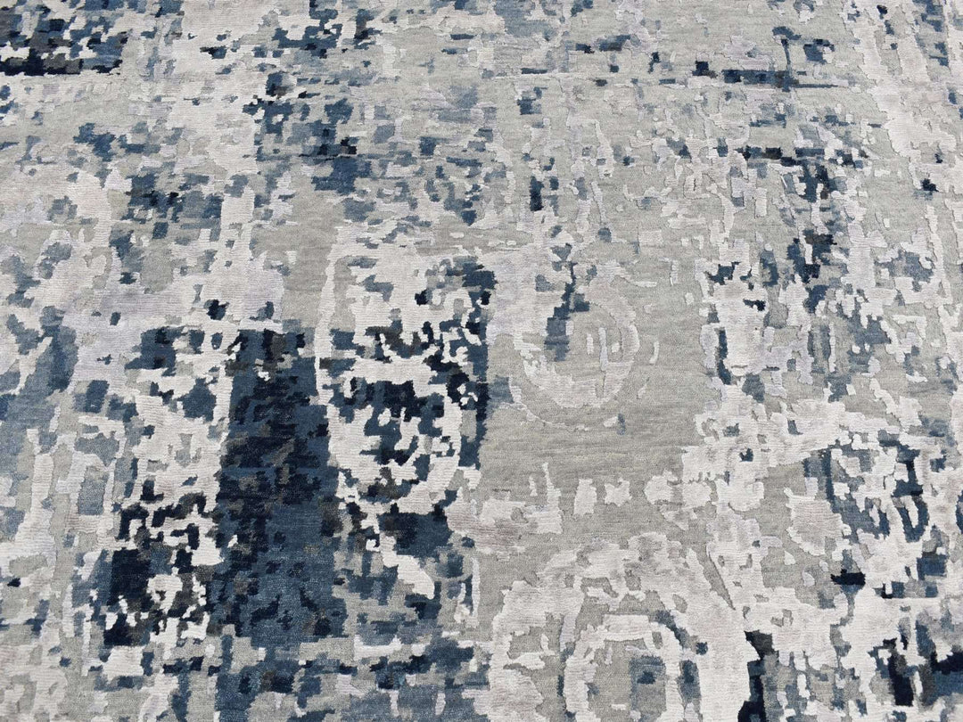 9'3" x 12'0" New Hand Knotted Grey Wool & Silk Rectangle Oriental Rug - MOA10287120
