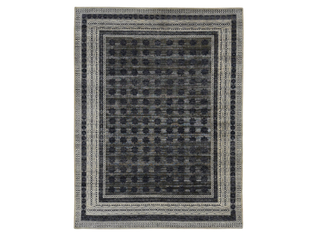 9'0" x 12'0" New Hand Knotted Grey Wool & Silk Rectangle Oriental Rug - MOA10287121