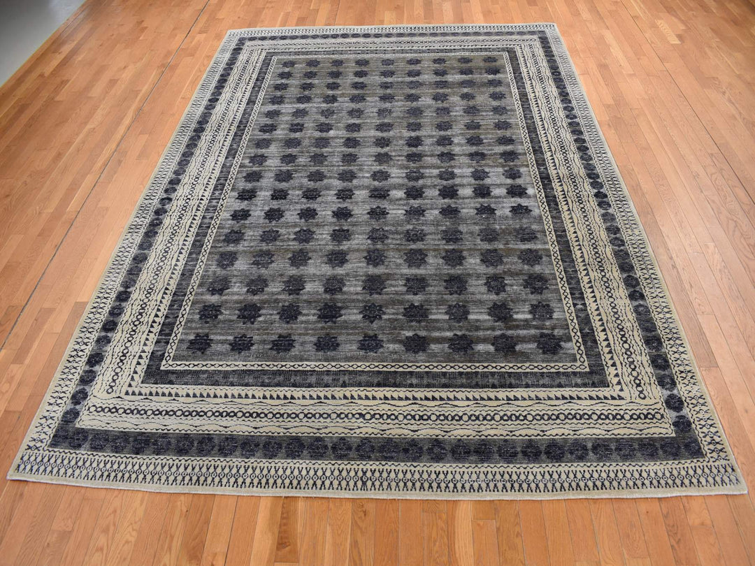 9'0" x 12'0" New Hand Knotted Grey Wool & Silk Rectangle Oriental Rug - MOA10287121