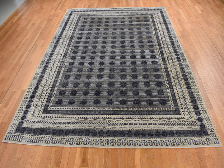 9'0" x 12'0" New Hand Knotted Grey Wool & Silk Rectangle Oriental Rug - MOA10287121