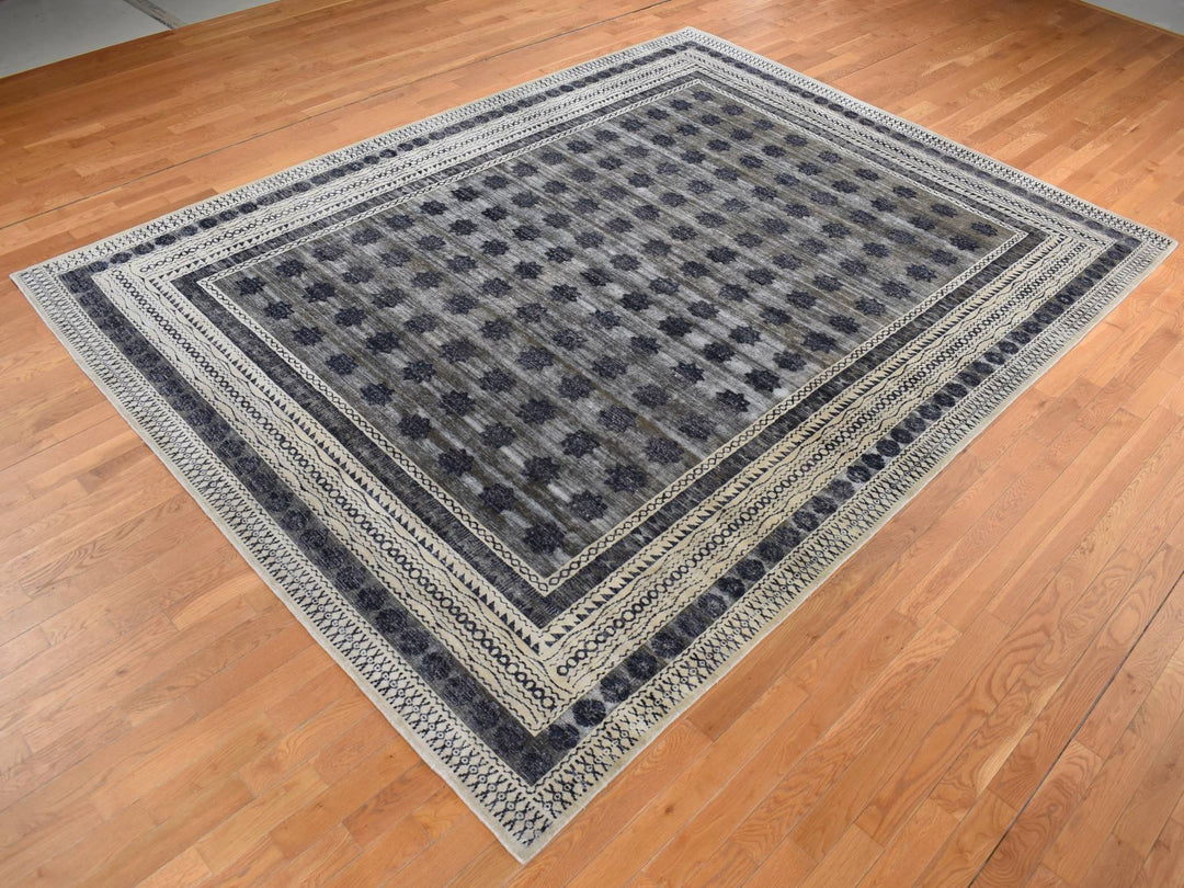 9'0" x 12'0" New Hand Knotted Grey Wool & Silk Rectangle Oriental Rug - MOA10287121