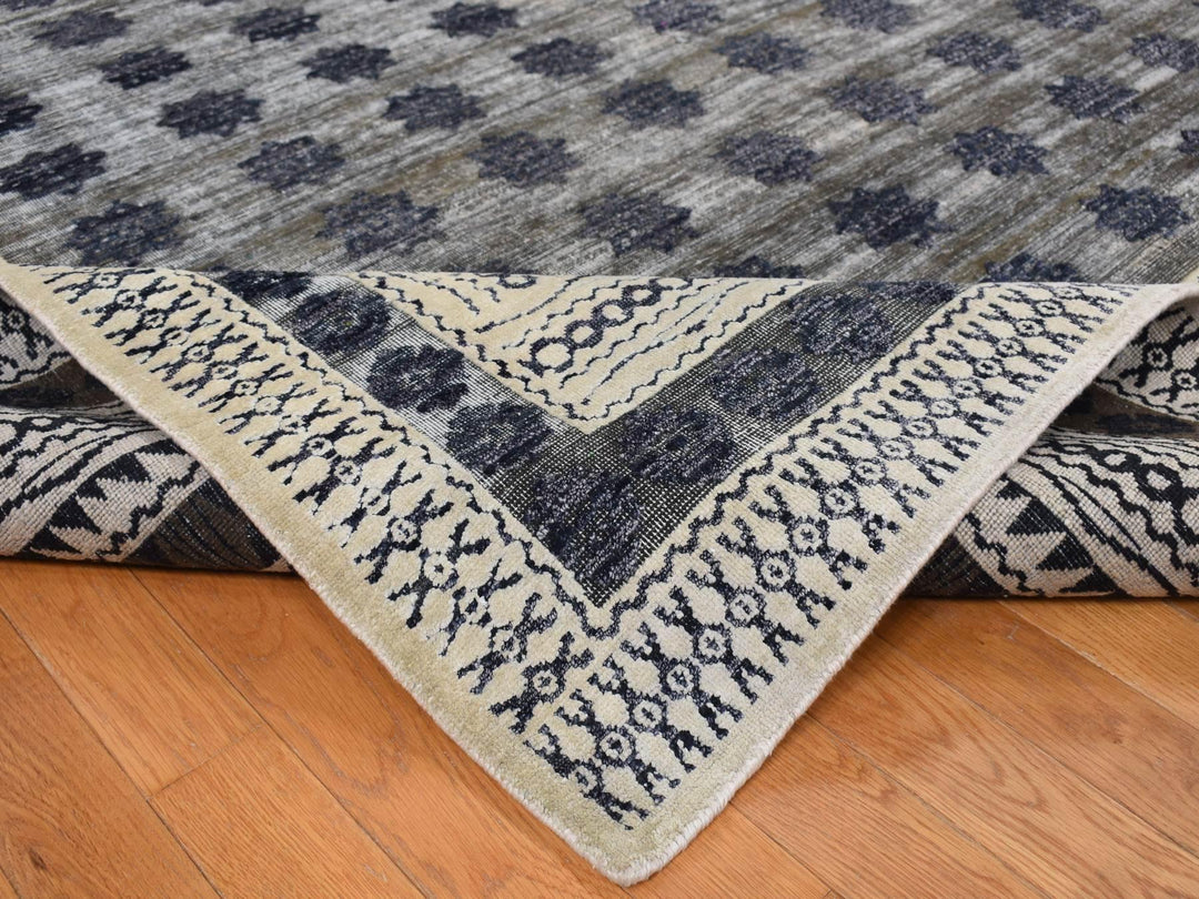 9'0" x 12'0" New Hand Knotted Grey Wool & Silk Rectangle Oriental Rug - MOA10287121