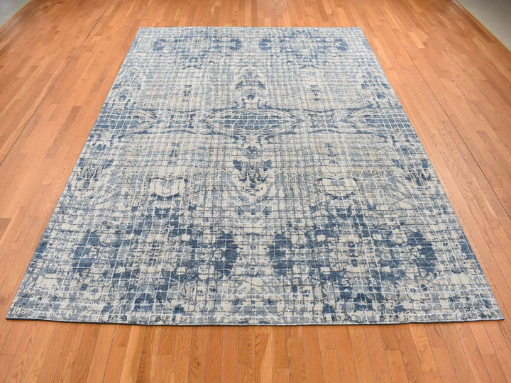 9'1" x 12'2" New Hand Knotted Blue Wool & Silk Rectangle Oriental Rug - MOA10287122