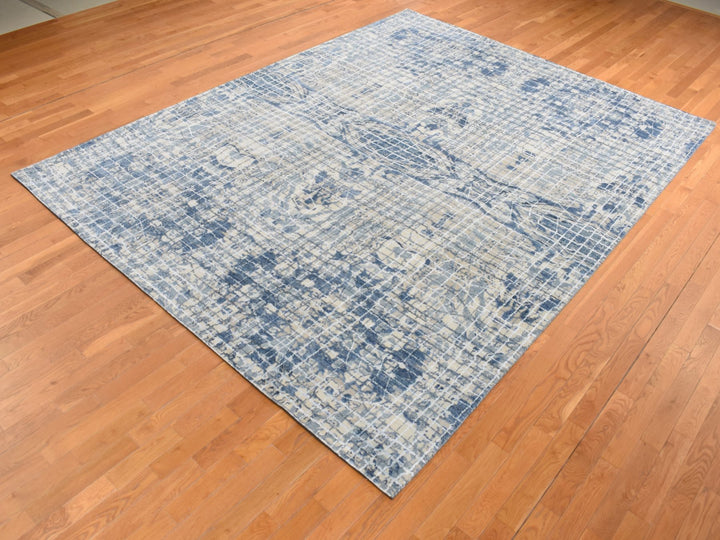 9'1" x 12'2" New Hand Knotted Blue Wool & Silk Rectangle Oriental Rug - MOA10287122