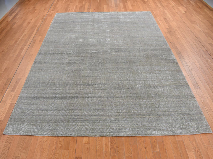 9'0" x 12'0" New Hand Knotted Green Wool & Silk Rectangle Oriental Rug - MOA10287126
