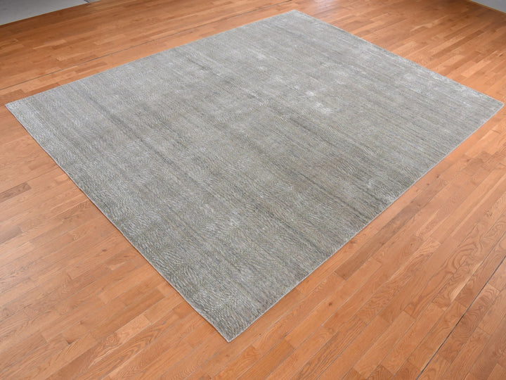 9'0" x 12'0" New Hand Knotted Green Wool & Silk Rectangle Oriental Rug - MOA10287126