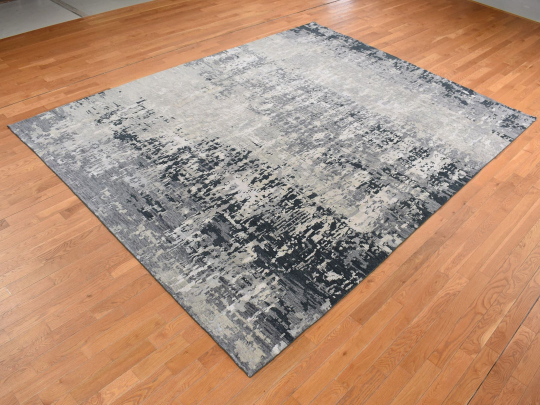 8'10" x 11'8" New Hand Knotted Grey Wool & Silk Rectangle Oriental Rug - MOA10287128