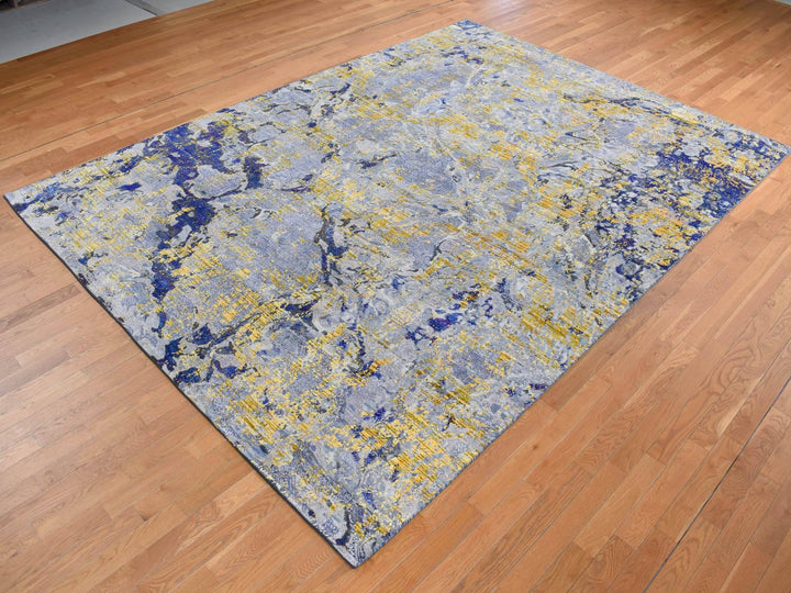 8'10" x 12'5" New Hand Knotted Yellow Wool & Silk Rectangle Oriental Rug - MOA10287130