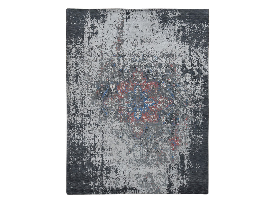 9'2" x 12'0" New Hand Knotted Grey Wool & Silk Rectangle Oriental Rug - MOA10287131