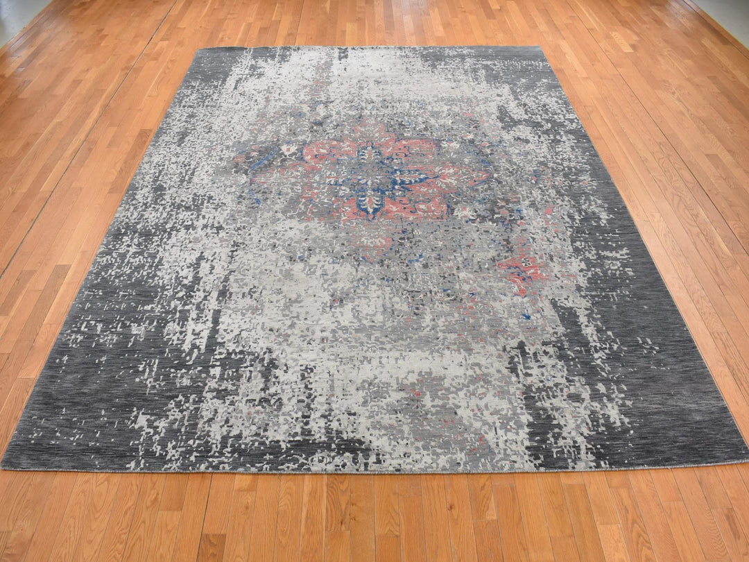 9'2" x 12'0" New Hand Knotted Grey Wool & Silk Rectangle Oriental Rug - MOA10287131