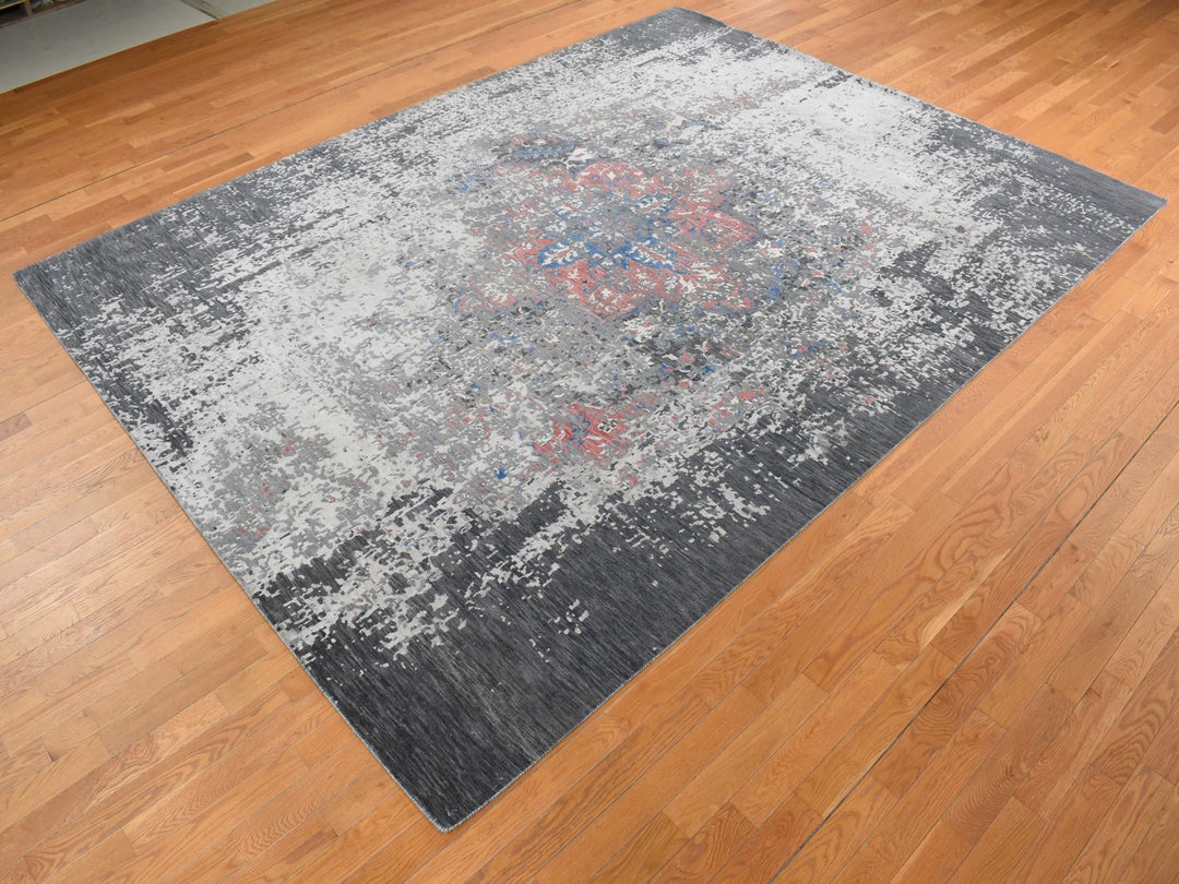 9'2" x 12'0" New Hand Knotted Grey Wool & Silk Rectangle Oriental Rug - MOA10287131