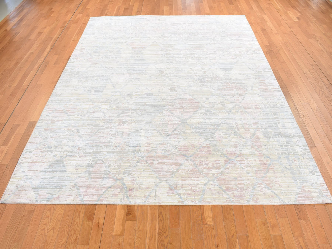 9'0" x 11'10" New Hand Knotted Yellow Wool & Silk Rectangle Oriental Rug - MOA10287133