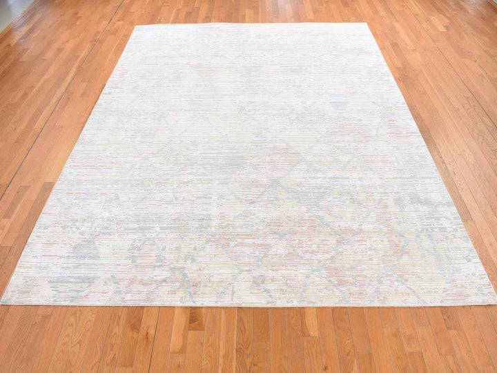 9'0" x 11'10" New Hand Knotted Yellow Wool & Silk Rectangle Oriental Rug - MOA10287133