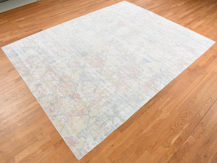 9'0" x 11'10" New Hand Knotted Yellow Wool & Silk Rectangle Oriental Rug - MOA10287133