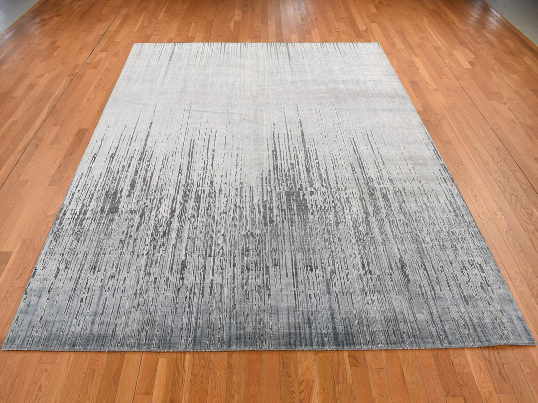 9'0" x 11'10" New Hand Knotted Grey Wool & Pure Silk Rectangle Oriental Rug - MOA10287134