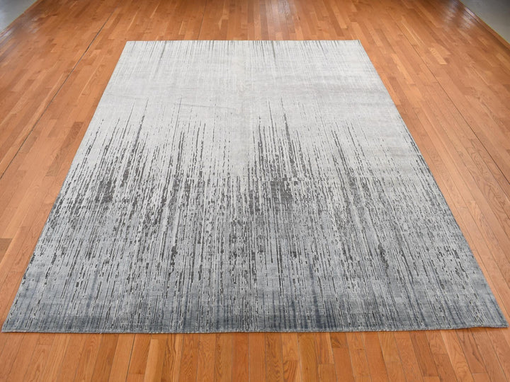 9'0" x 11'10" New Hand Knotted Grey Wool & Pure Silk Rectangle Oriental Rug - MOA10287134