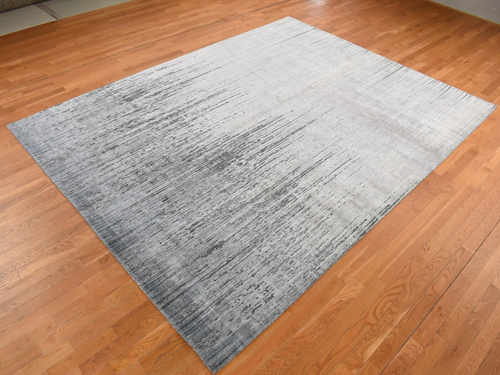 9'0" x 11'10" New Hand Knotted Grey Wool & Pure Silk Rectangle Oriental Rug - MOA10287134