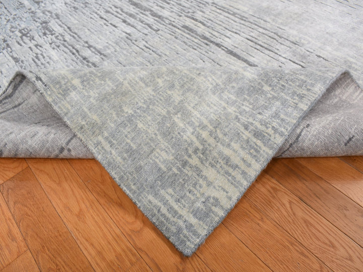 9'0" x 11'10" New Hand Knotted Grey Wool & Pure Silk Rectangle Oriental Rug - MOA10287134