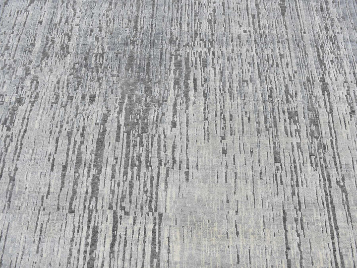 9'0" x 11'10" New Hand Knotted Grey Wool & Pure Silk Rectangle Oriental Rug - MOA10287134