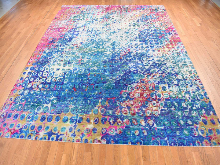 9'1" x 12'1" New Hand Knotted Blue Wool & Sari Silk Rectangle Oriental Rug - MOA10287138
