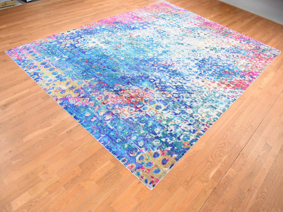 9'1" x 12'1" New Hand Knotted Blue Wool & Sari Silk Rectangle Oriental Rug - MOA10287138