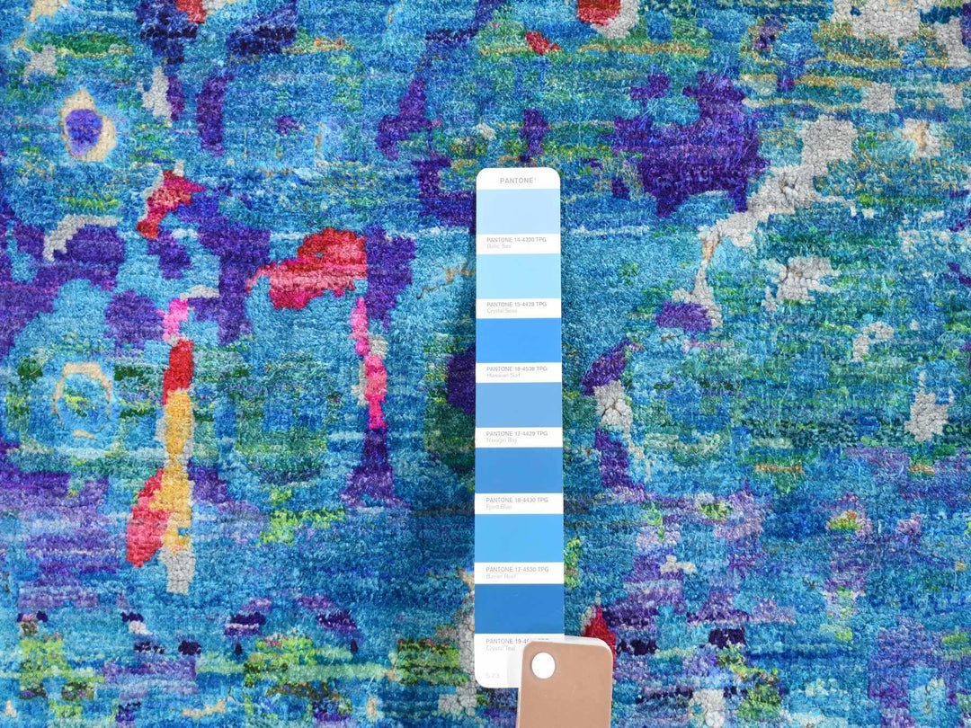 9'1" x 12'1" New Hand Knotted Blue Wool & Sari Silk Rectangle Oriental Rug - MOA10287138