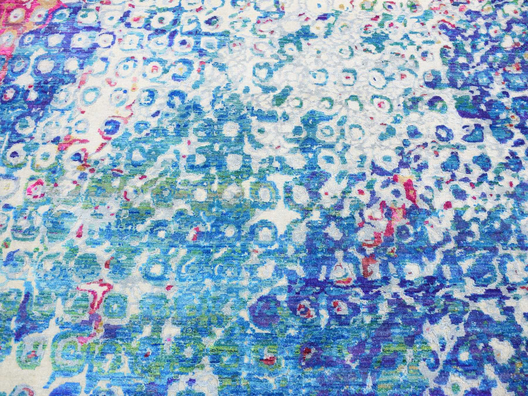 9'1" x 12'1" New Hand Knotted Blue Wool & Sari Silk Rectangle Oriental Rug - MOA10287138