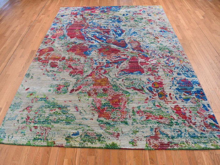 8'10" x 12'2" New Hand Knotted Grey Wool & Silk Rectangle Oriental Rug - MOA10287140