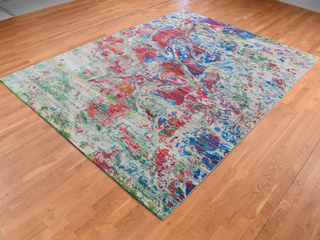 8'10" x 12'2" New Hand Knotted Grey Wool & Silk Rectangle Oriental Rug - MOA10287140