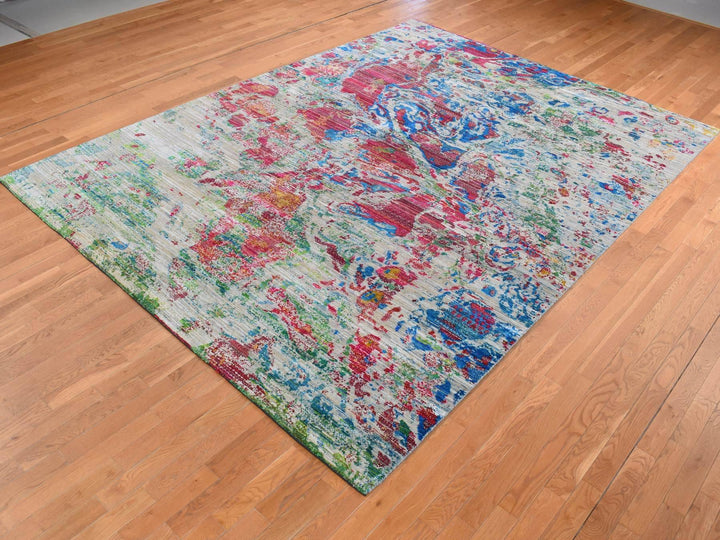 8'10" x 12'2" New Hand Knotted Grey Wool & Silk Rectangle Oriental Rug - MOA10287140