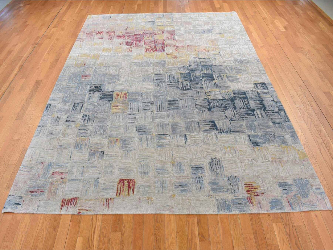 8'10" x 12'0" New Hand Knotted Grey Wool & Silk Rectangle Oriental Rug - MOA10287142