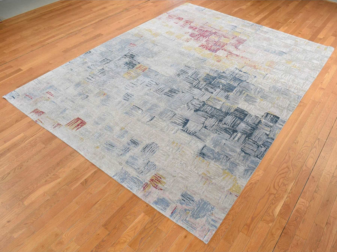 8'10" x 12'0" New Hand Knotted Grey Wool & Silk Rectangle Oriental Rug - MOA10287142