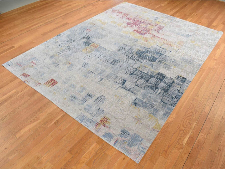 8'10" x 12'0" New Hand Knotted Grey Wool & Silk Rectangle Oriental Rug - MOA10287142