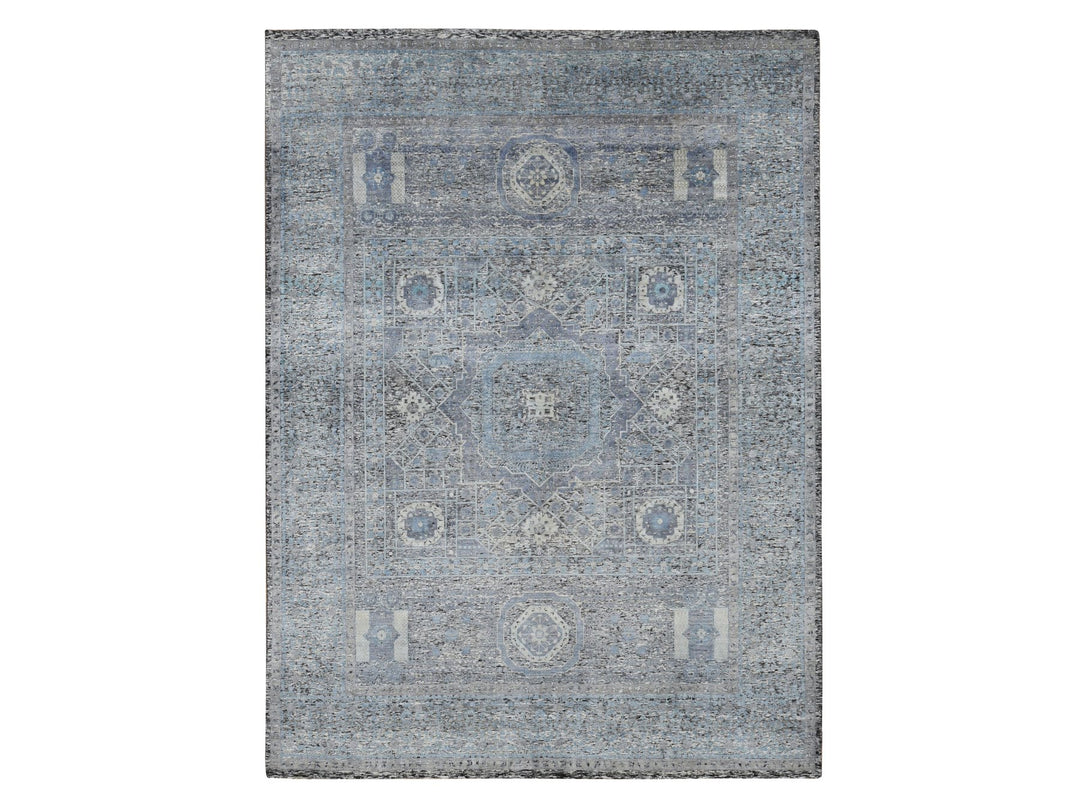 8'8" x 11'10" New Hand Knotted Blue Wool & Silk Rectangle Oriental Rug - MOA10287143