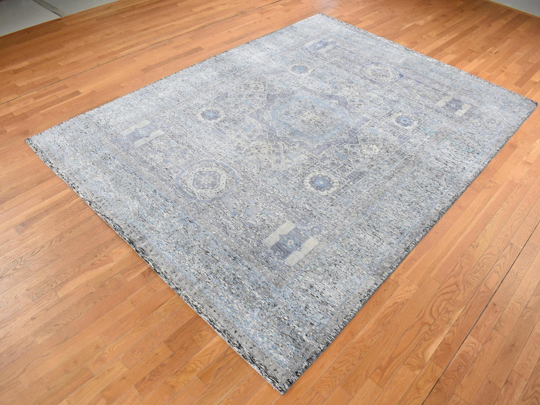 8'8" x 11'10" New Hand Knotted Blue Wool & Silk Rectangle Oriental Rug - MOA10287143