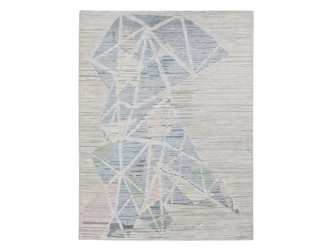 9'0" x 12'0" New Hand Knotted Ivory Wool & Silk Rectangle Oriental Rug - MOA10287145
