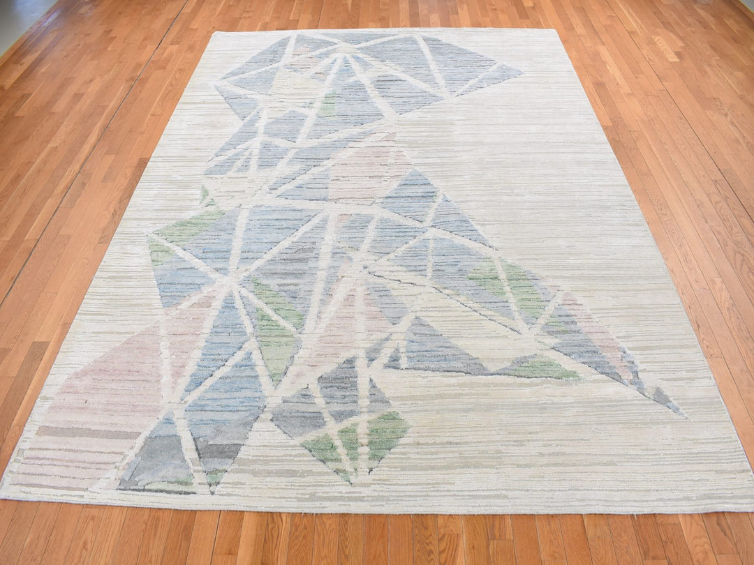 9'0" x 12'0" New Hand Knotted Ivory Wool & Silk Rectangle Oriental Rug - MOA10287145