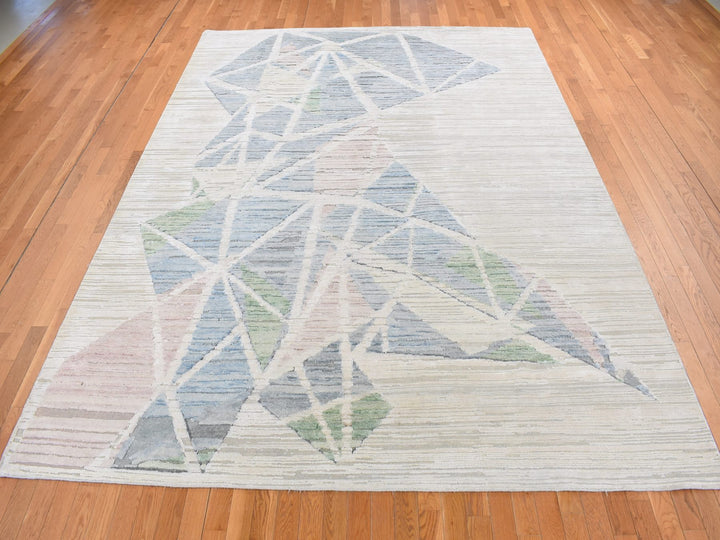 9'0" x 12'0" New Hand Knotted Ivory Wool & Silk Rectangle Oriental Rug - MOA10287145