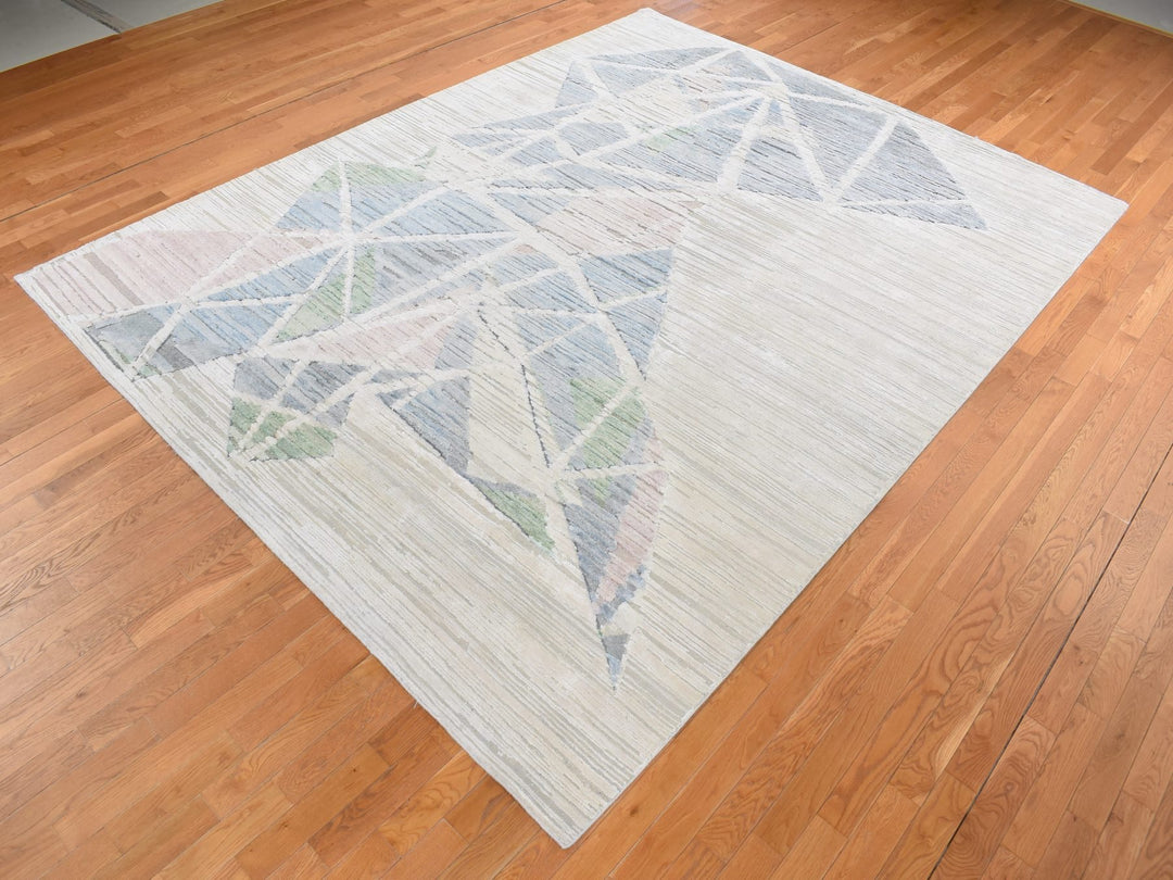 9'0" x 12'0" New Hand Knotted Ivory Wool & Silk Rectangle Oriental Rug - MOA10287145