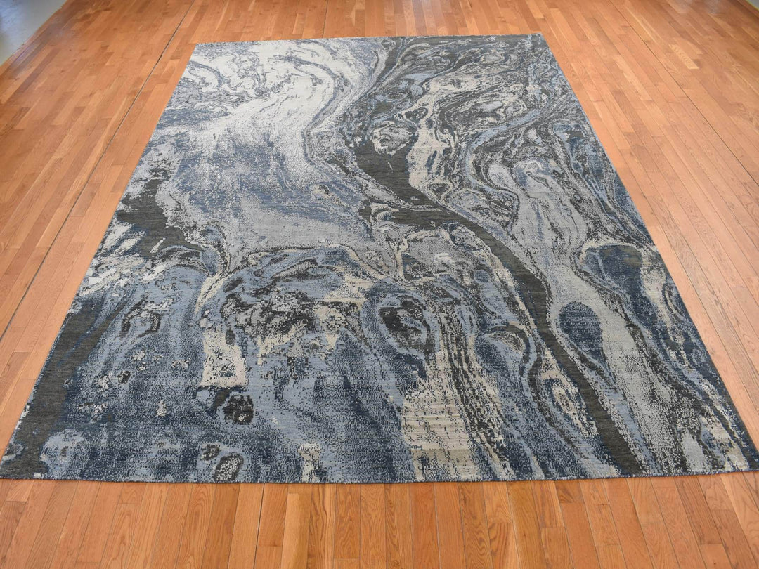 9'0" x 12'1" New Hand Knotted Blue Wool & Silk Rectangle Oriental Rug - MOA10287146