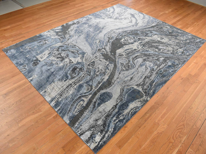 9'0" x 12'1" New Hand Knotted Blue Wool & Silk Rectangle Oriental Rug - MOA10287146