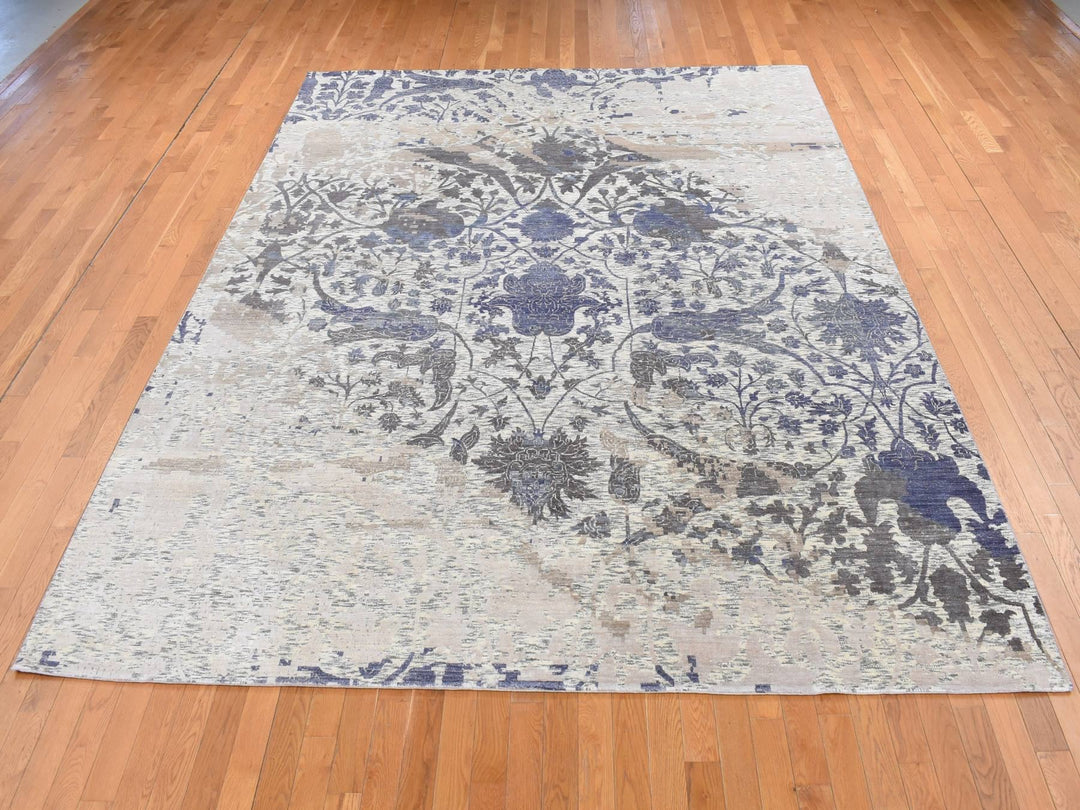 9'0" x 11'10" New Hand Knotted Ivory Wool & Silk Rectangle Oriental Rug - MOA10287150